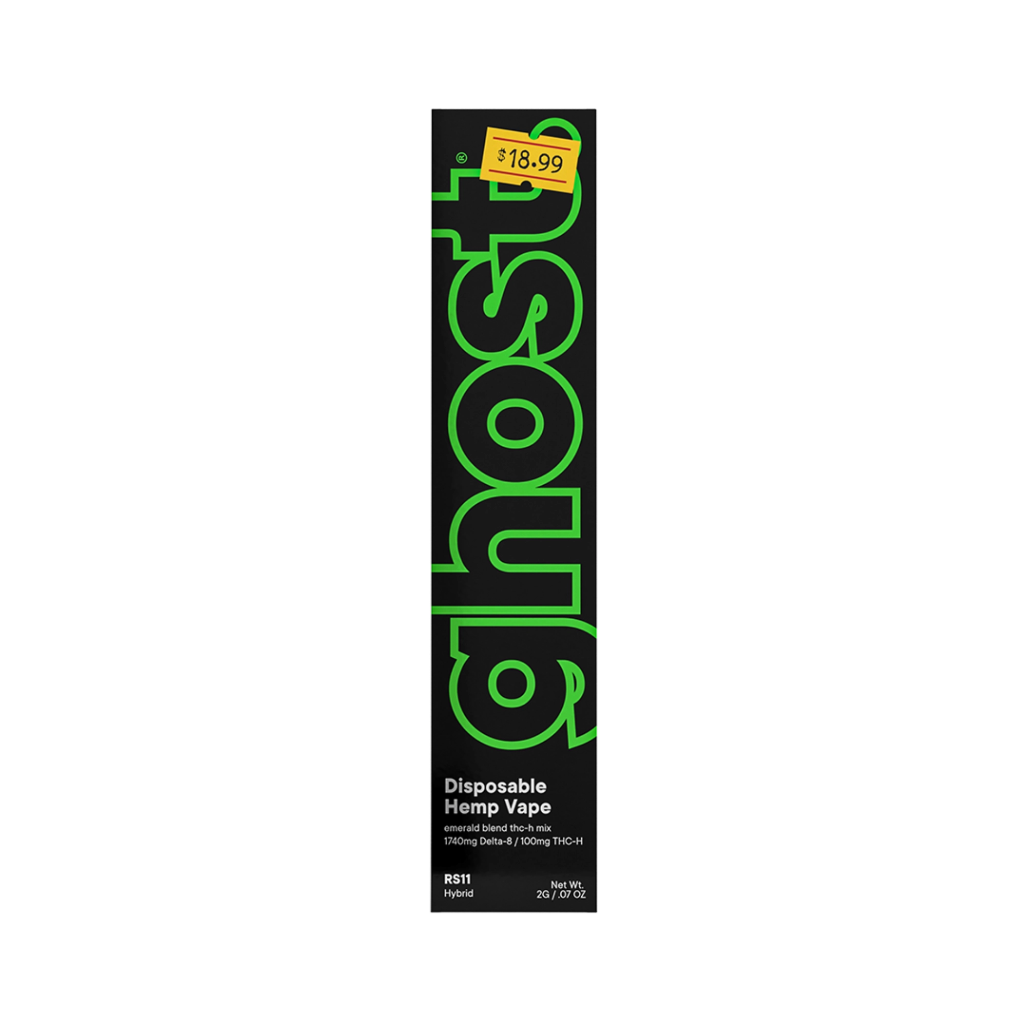 Close-up of RS11 Emerald Blend vape by Ghost Hemp, featuring Delta 8 and THCh in 2G format