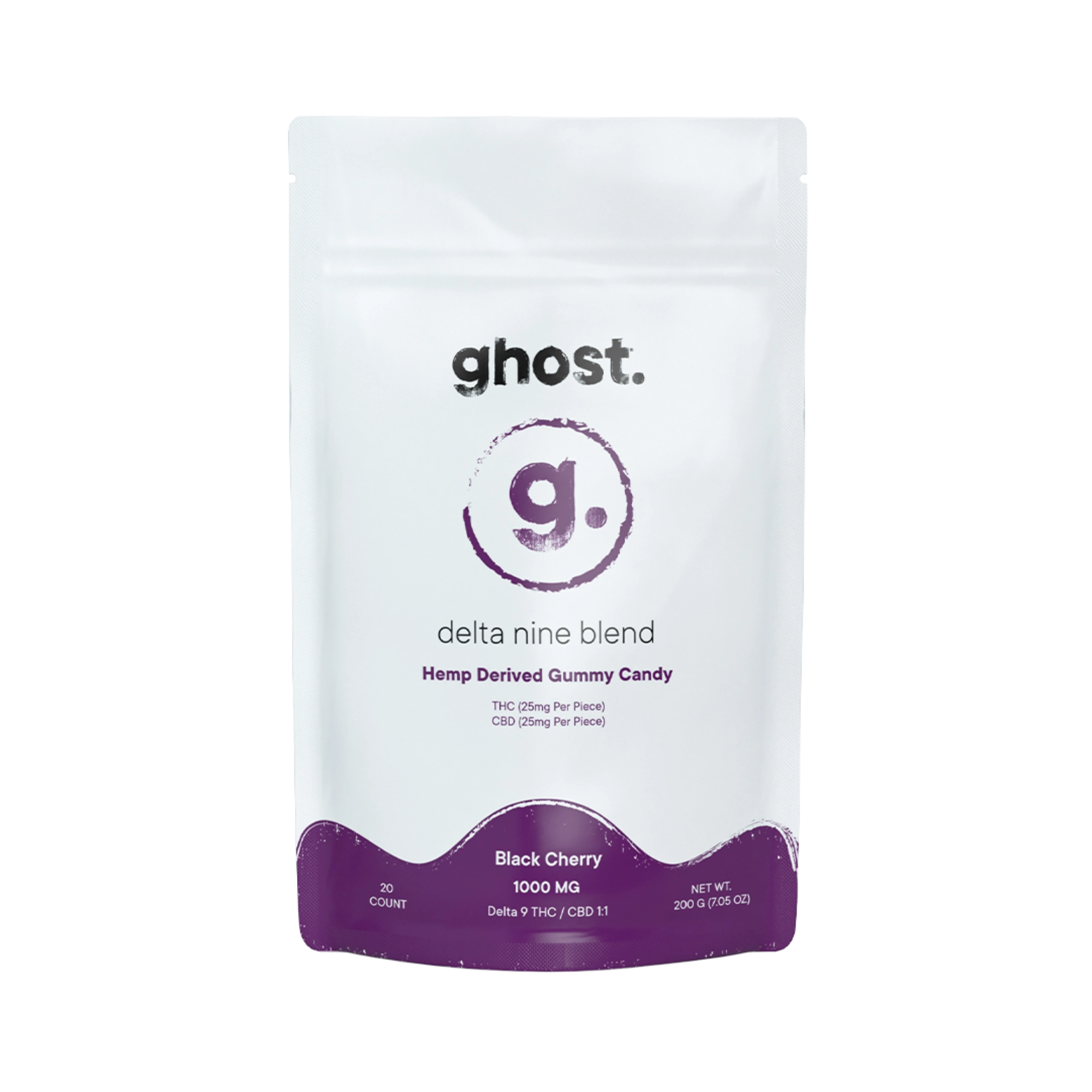 A package of Ghost brand Black Cherry Delta Nine Gummies, with a total of 1000mg of Delta-9 THC and CBD, presented in a white and purple bag.