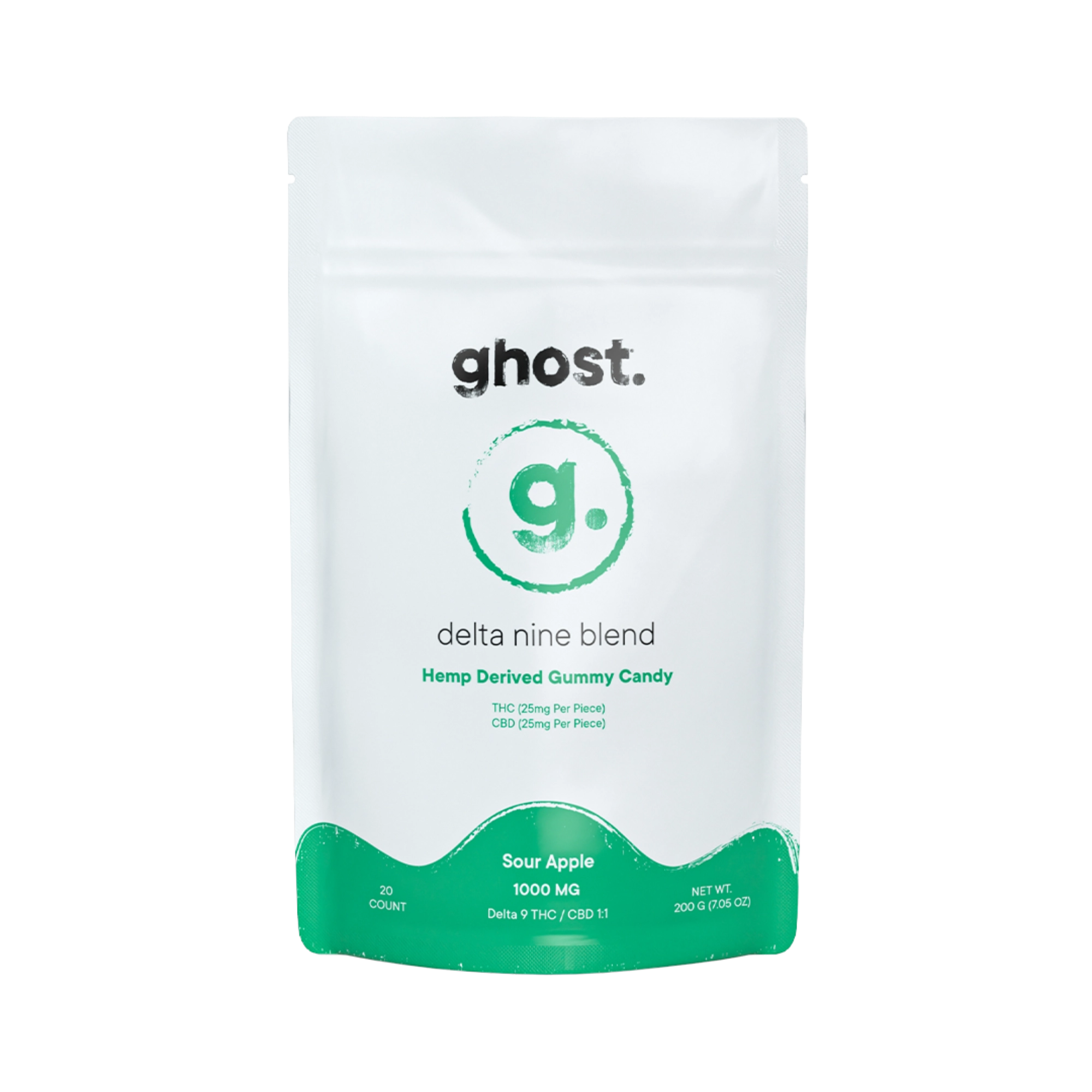 Ghost Hemp Delta Nine Blend Sour Apple gummies with resealable pouch, 1:1 ratio of CBD and Delta 9 THC
