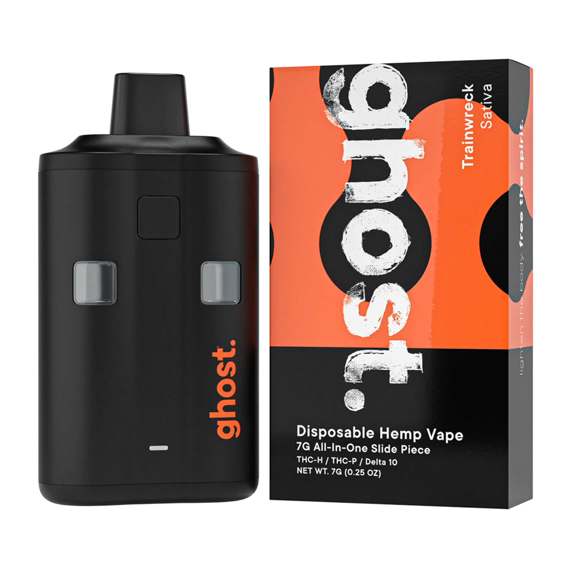 Ghost Hemp Slide Piece Trainwreck all-in-one vape with box, 7G device with THC-H, THCp, and Delta 10